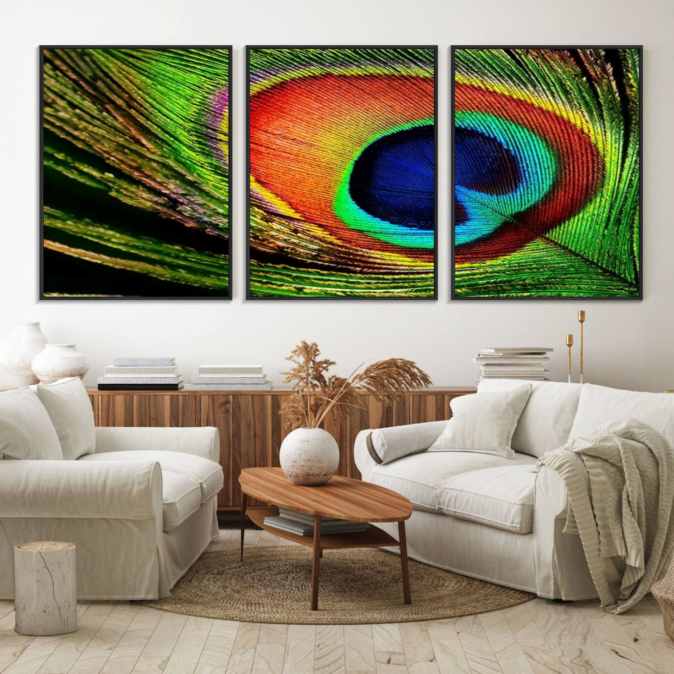64643-MGV-FC-60X30-3P_Black-Colorful Peacock Feather Wall Art Print - Vibrant Green, Blue, and Orange Peacock Feather Design,