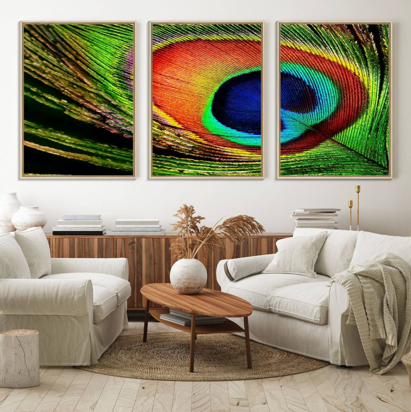 64643-MGV-FC-60X30-3P_Natural-Colorful Peacock Feather Wall Art Print - Vibrant Green, Blue, and Orange Peacock Feather Design,