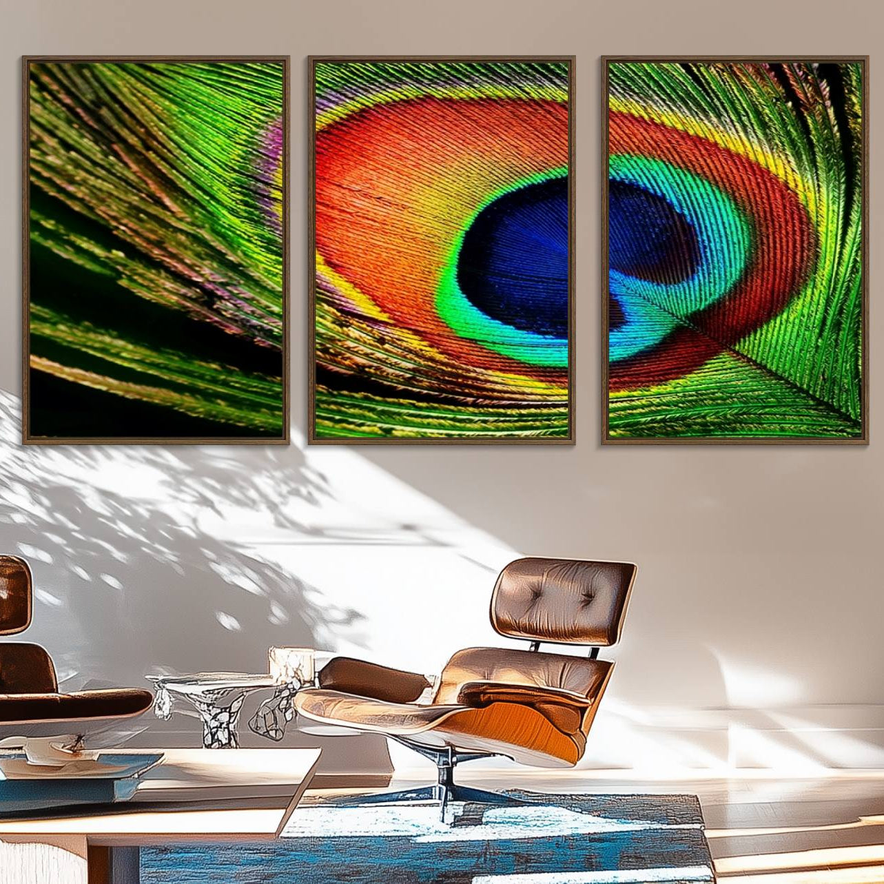 64643-MGV-FC-60X30-3P_Walnut-Colorful Peacock Feather Wall Art Print - Vibrant Green, Blue, and Orange Peacock Feather Design,