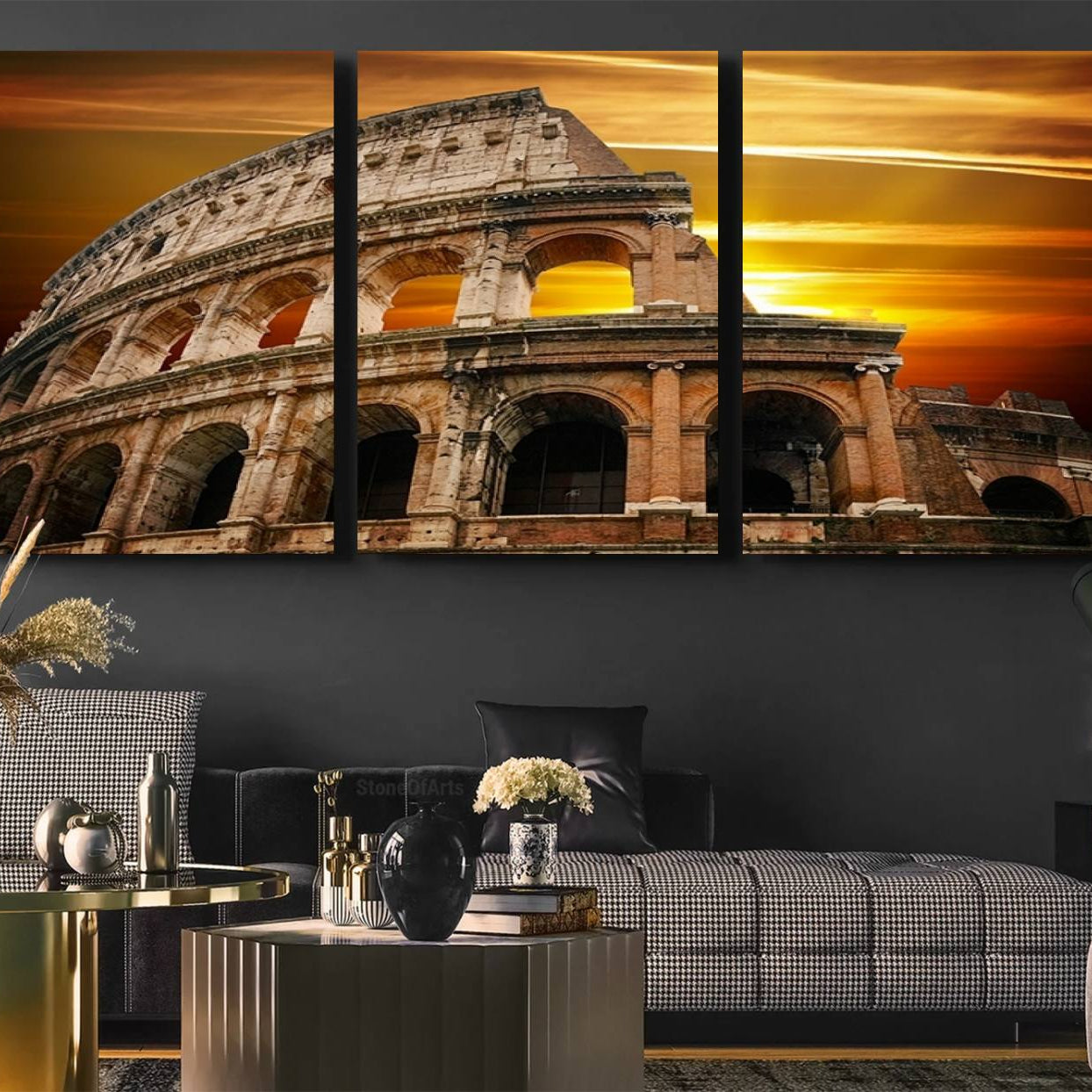 -Colosseum with Yellow Sunset Behind Canvas Wall Art, Italy