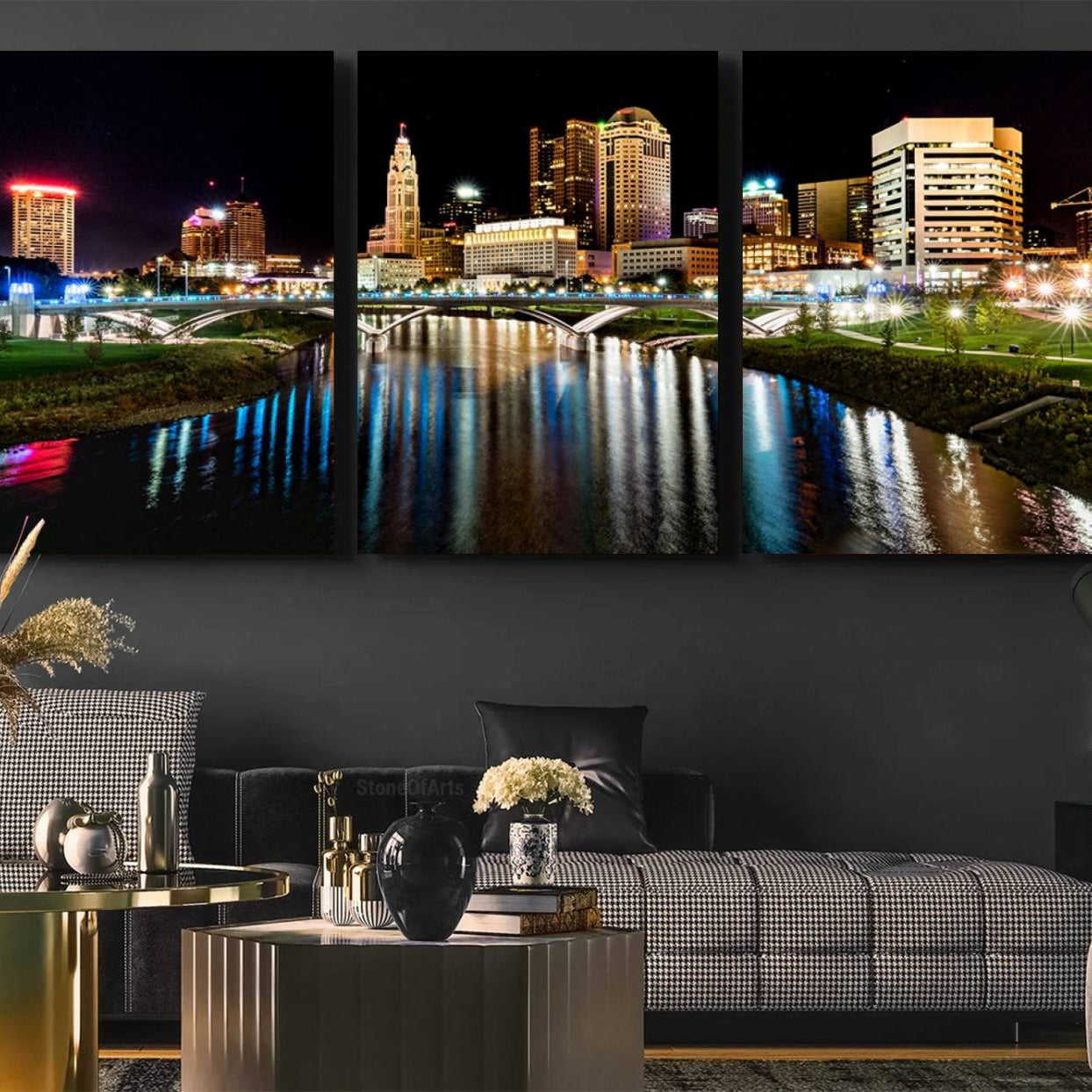 -Columbus City Lights Night Skyline Cityscape View Wall Art, Columbus City Lights Night Wall Art