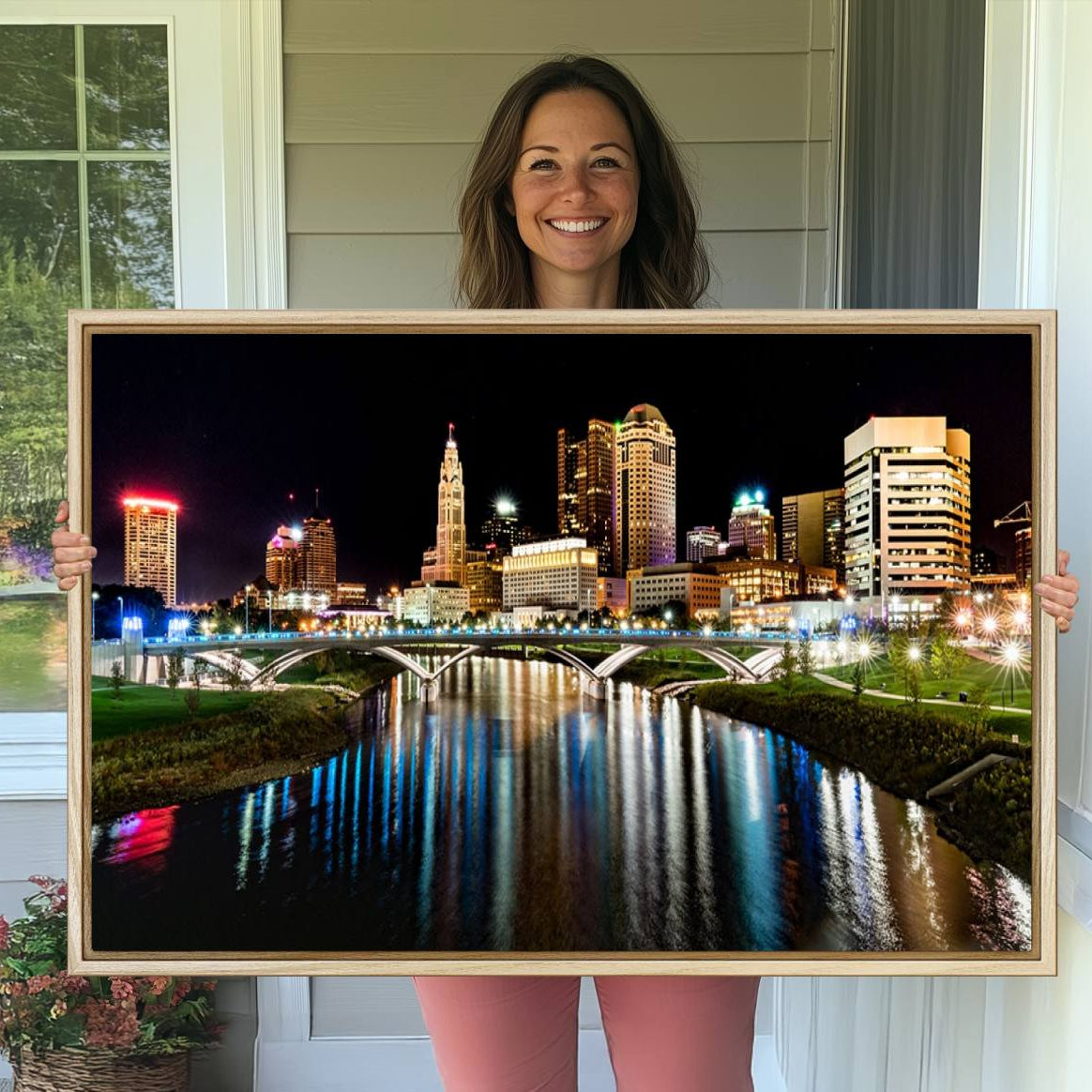 -Columbus City Lights Night Skyline Cityscape View Wall Art, Columbus City Lights Night Wall Art