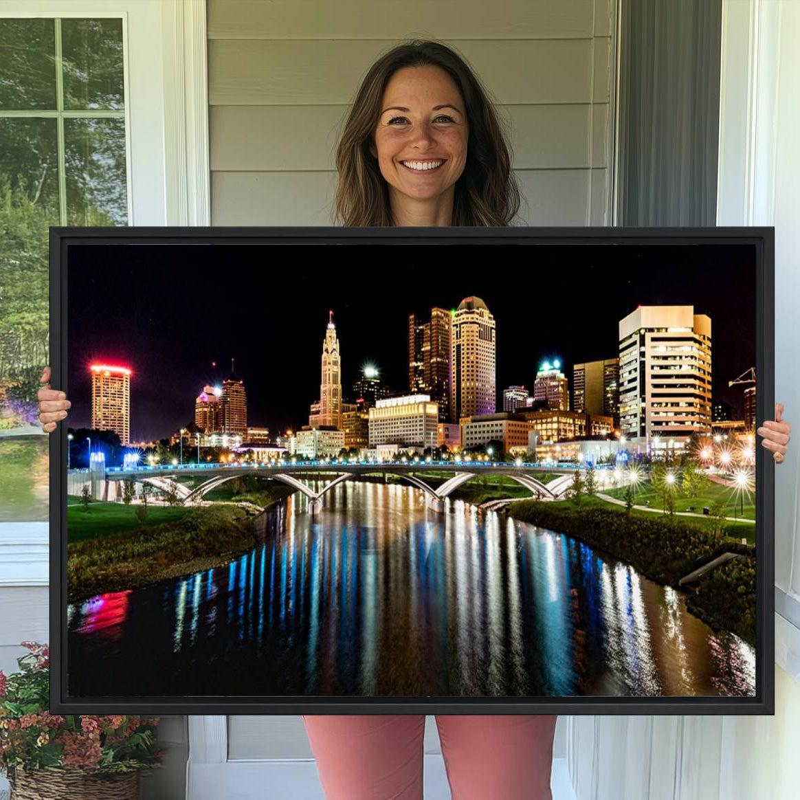 -Columbus City Lights Night Skyline Cityscape View Wall Art, Columbus City Lights Night Wall Art
