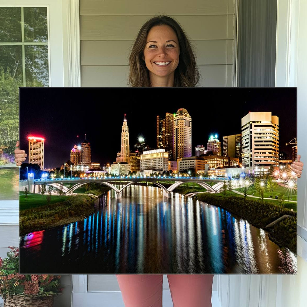-Columbus City Lights Night Skyline Cityscape View Wall Art, Columbus City Lights Night Wall Art