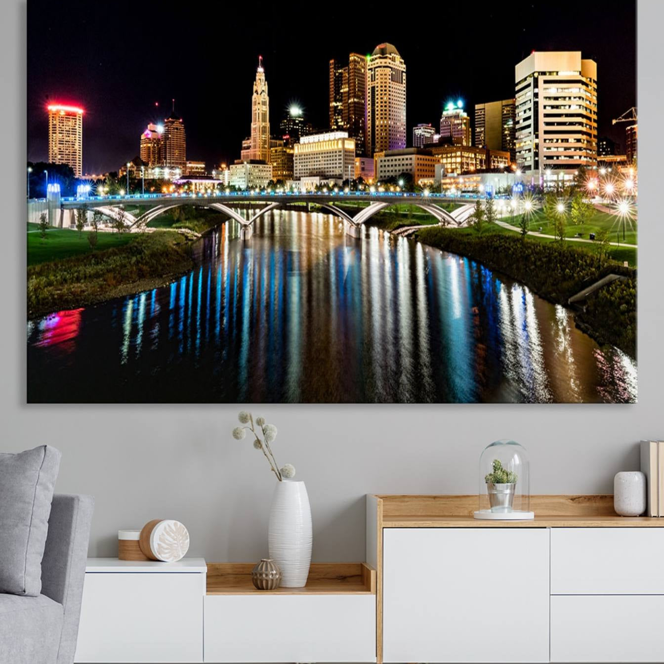 -Columbus City Lights Night Skyline Cityscape View Wall Art, Columbus City Lights Night Wall Art