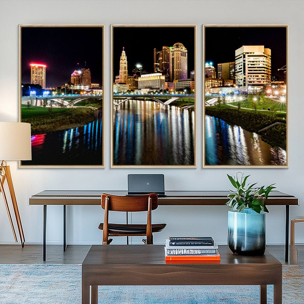 35748-MGV-FC-48X32-3P_Natural-Columbus City Lights Night Skyline Cityscape View Wall Art, Columbus City Lights Night Wall Art