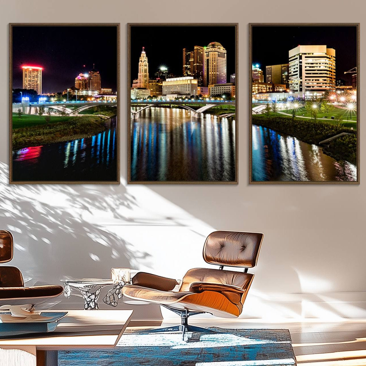 35748-MGV-FC-60X30-3P_Walnut-Columbus City Lights Night Skyline Cityscape View Wall Art, Columbus City Lights Night Wall Art