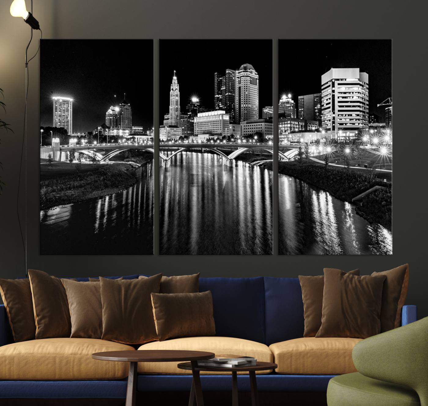 -Columbus City Lights Skyline Black and White Wall Art Cityscape Canvas, Framed Columbus City Lights