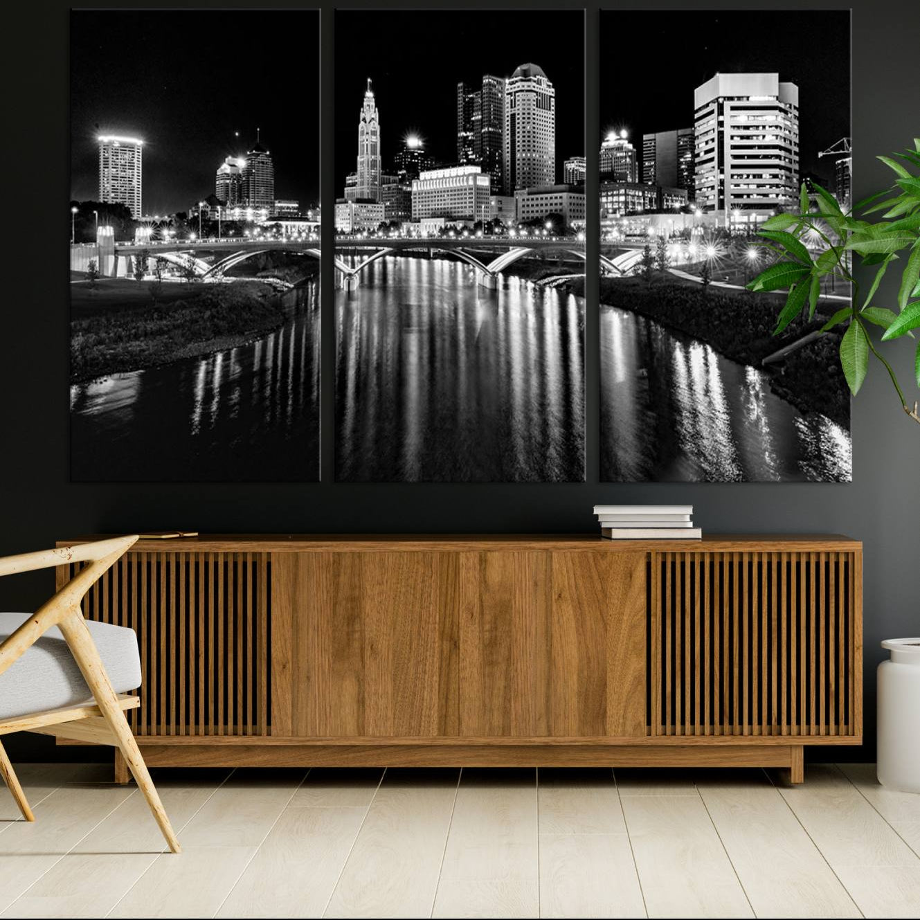 -Columbus City Lights Skyline Black and White Wall Art Cityscape Canvas, Framed Columbus City Lights