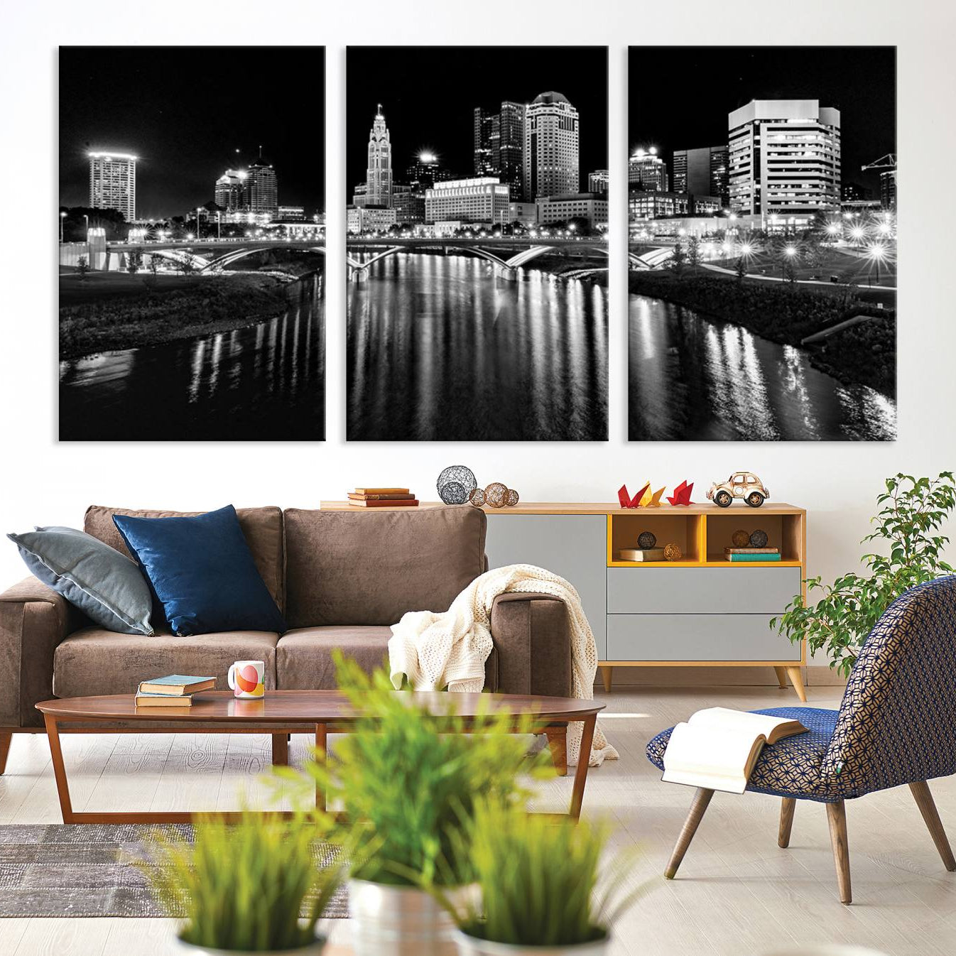 -Columbus City Lights Skyline Black and White Wall Art Cityscape Canvas, Framed Columbus City Lights