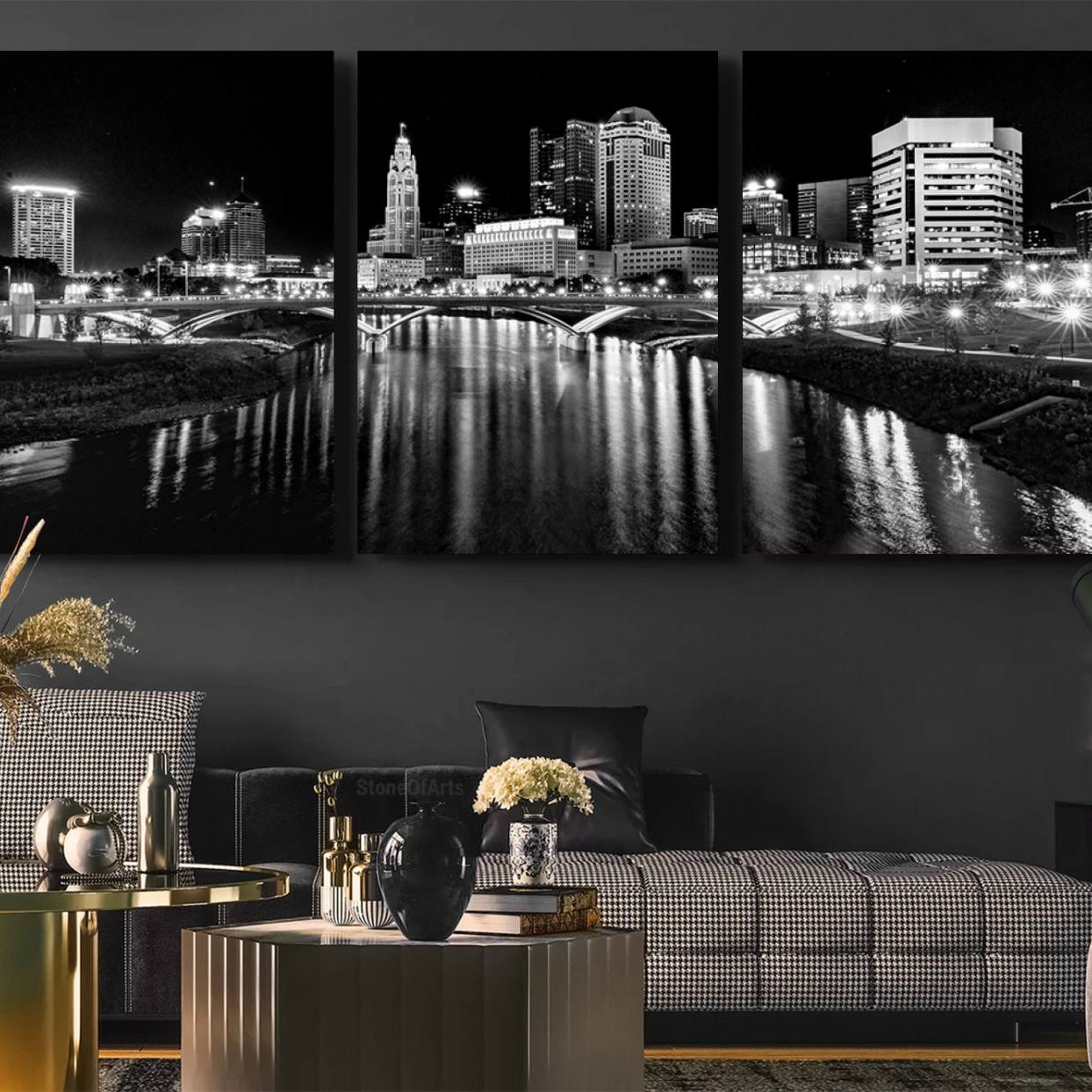 -Columbus City Lights Skyline Black and White Wall Art Cityscape Canvas, Framed Columbus City Lights
