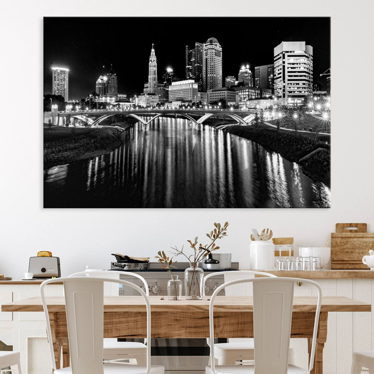 14034-MGV-CV-36X24-Columbus City Lights Skyline Black and White Wall Art Cityscape Canvas, Framed Columbus City Lights
