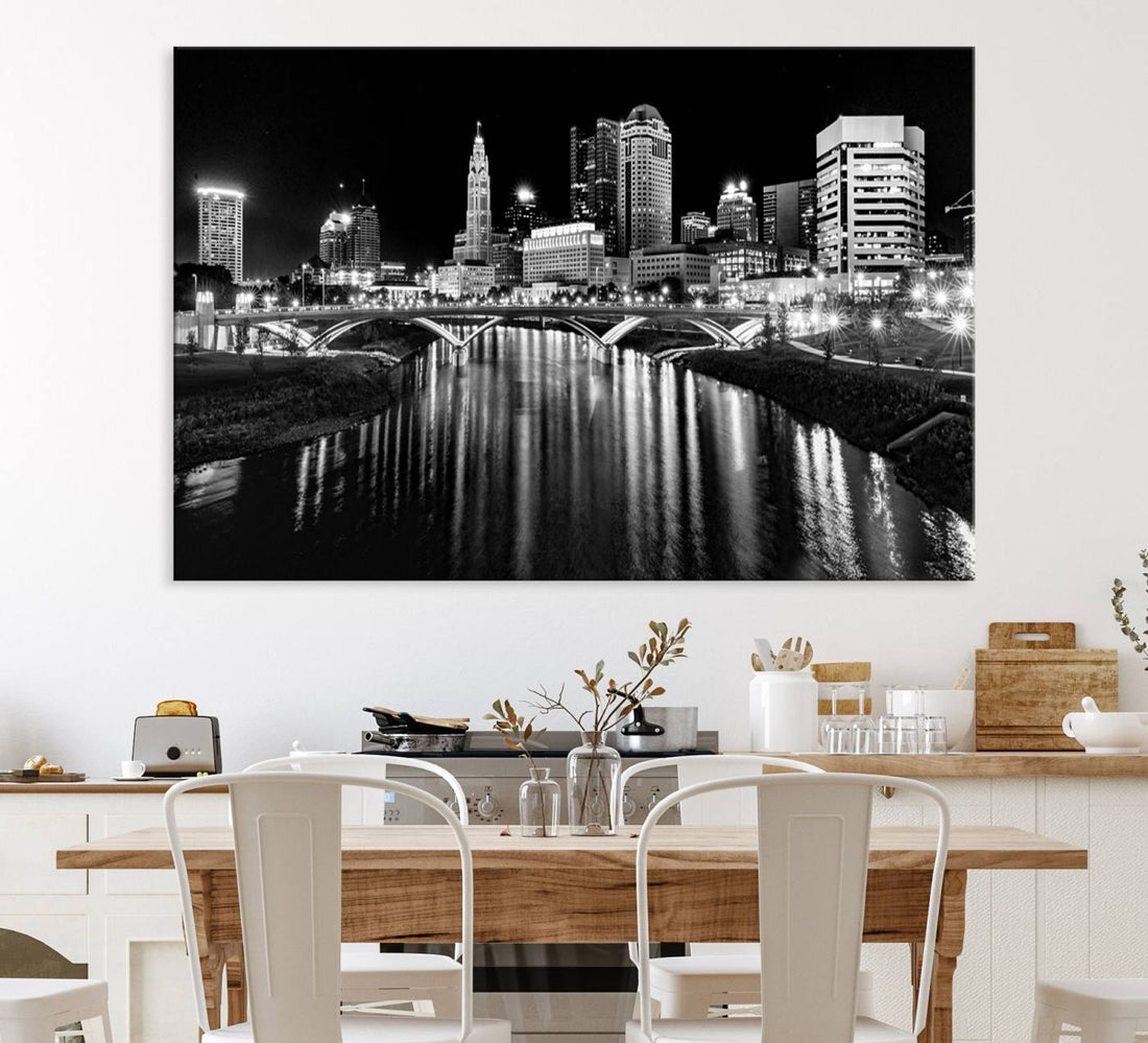 Columbus City Lights Skyline Black and White Wall Art, Cityscape Canvas Print