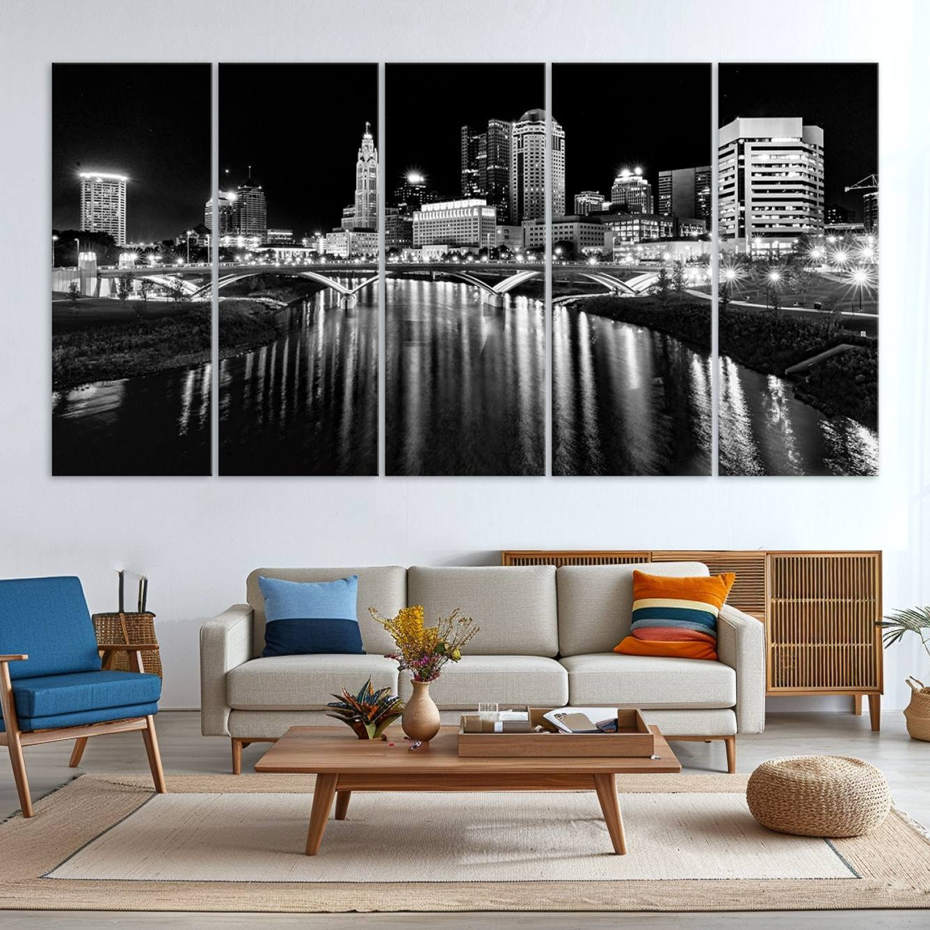 -Columbus City Lights Skyline Black and White Wall Art Cityscape Canvas, Framed Columbus City Lights