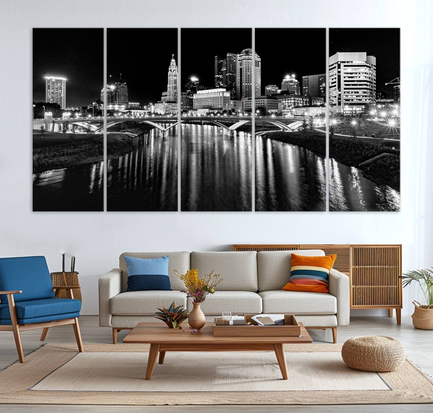-Columbus City Lights Skyline Black and White Wall Art Cityscape Canvas, Framed Columbus City Lights