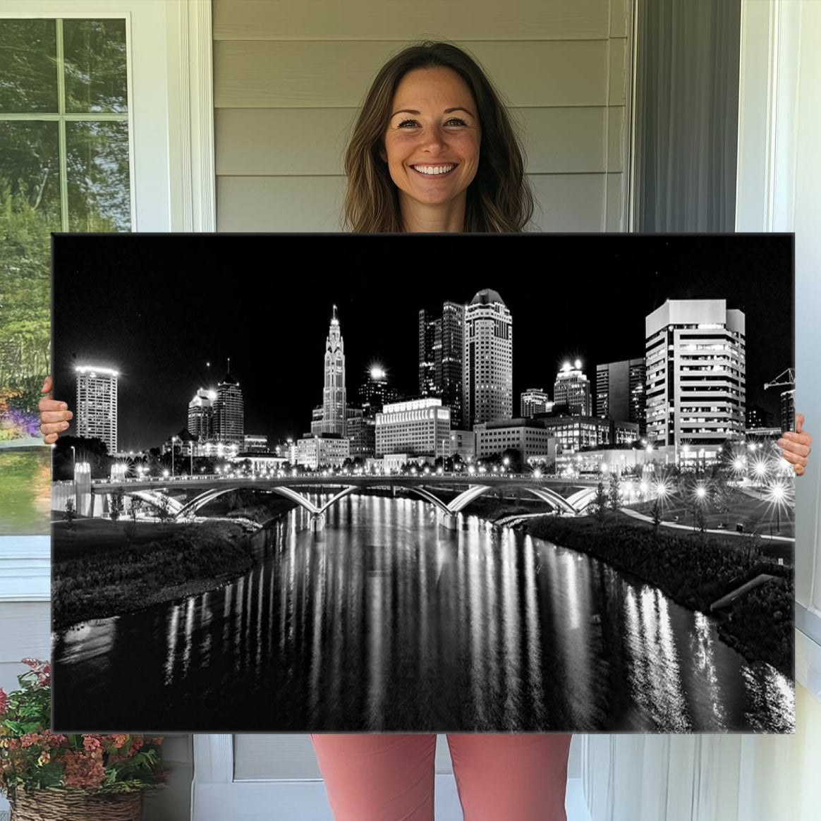 14034-MGV-CV-36X24-Columbus City Lights Skyline Black and White Wall Art Cityscape Canvas, Framed Columbus City Lights