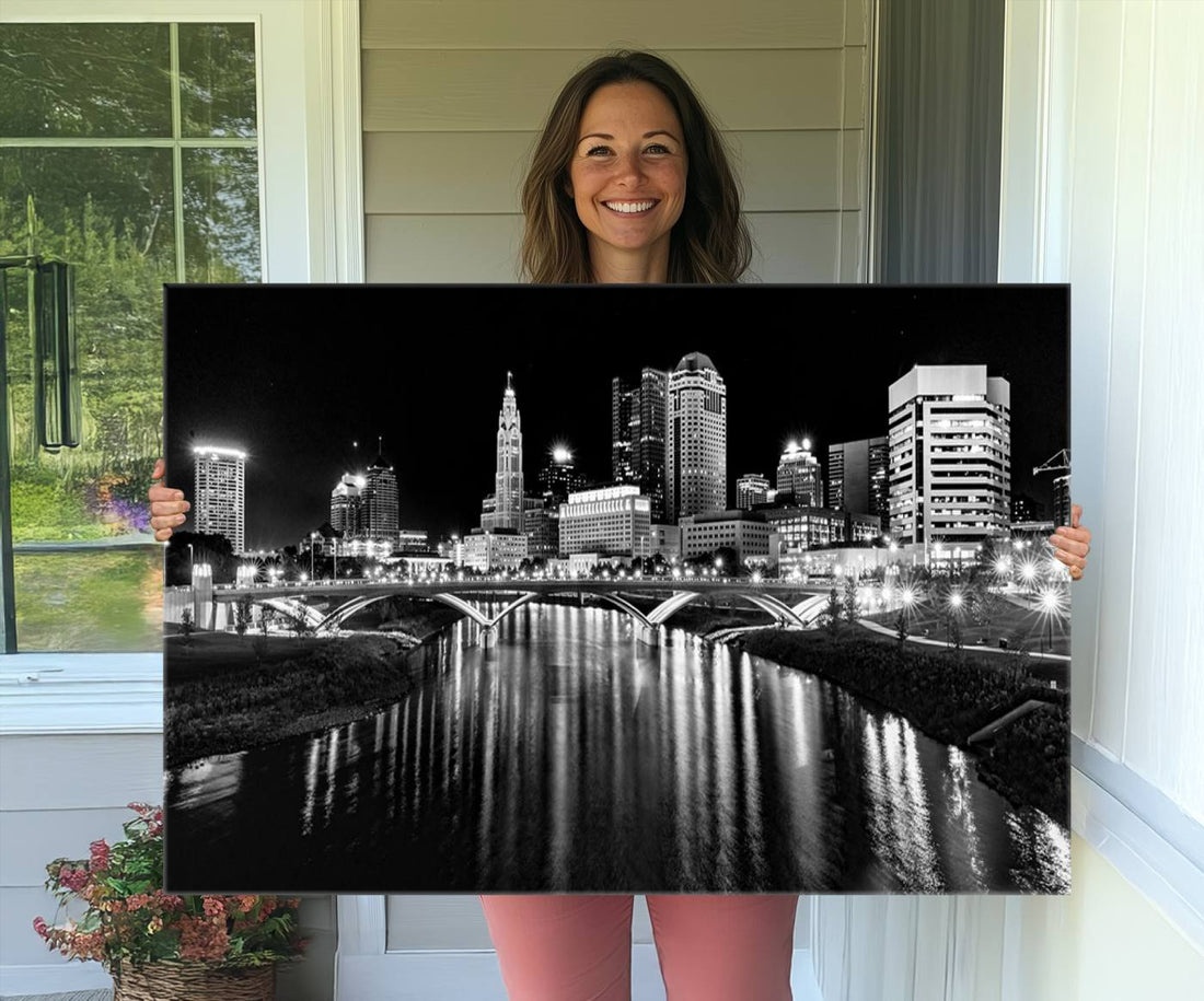 Columbus City Lights Skyline Black and White Wall Art, Cityscape Canvas Print