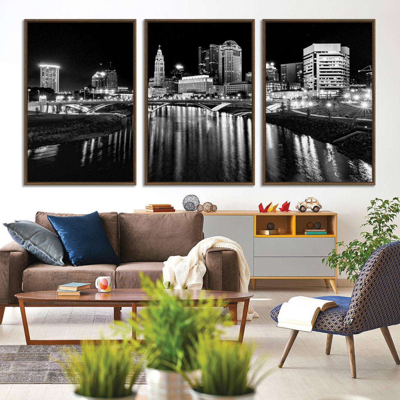 -Columbus City Lights Skyline Black and White Wall Art Cityscape Canvas, Framed Columbus City Lights