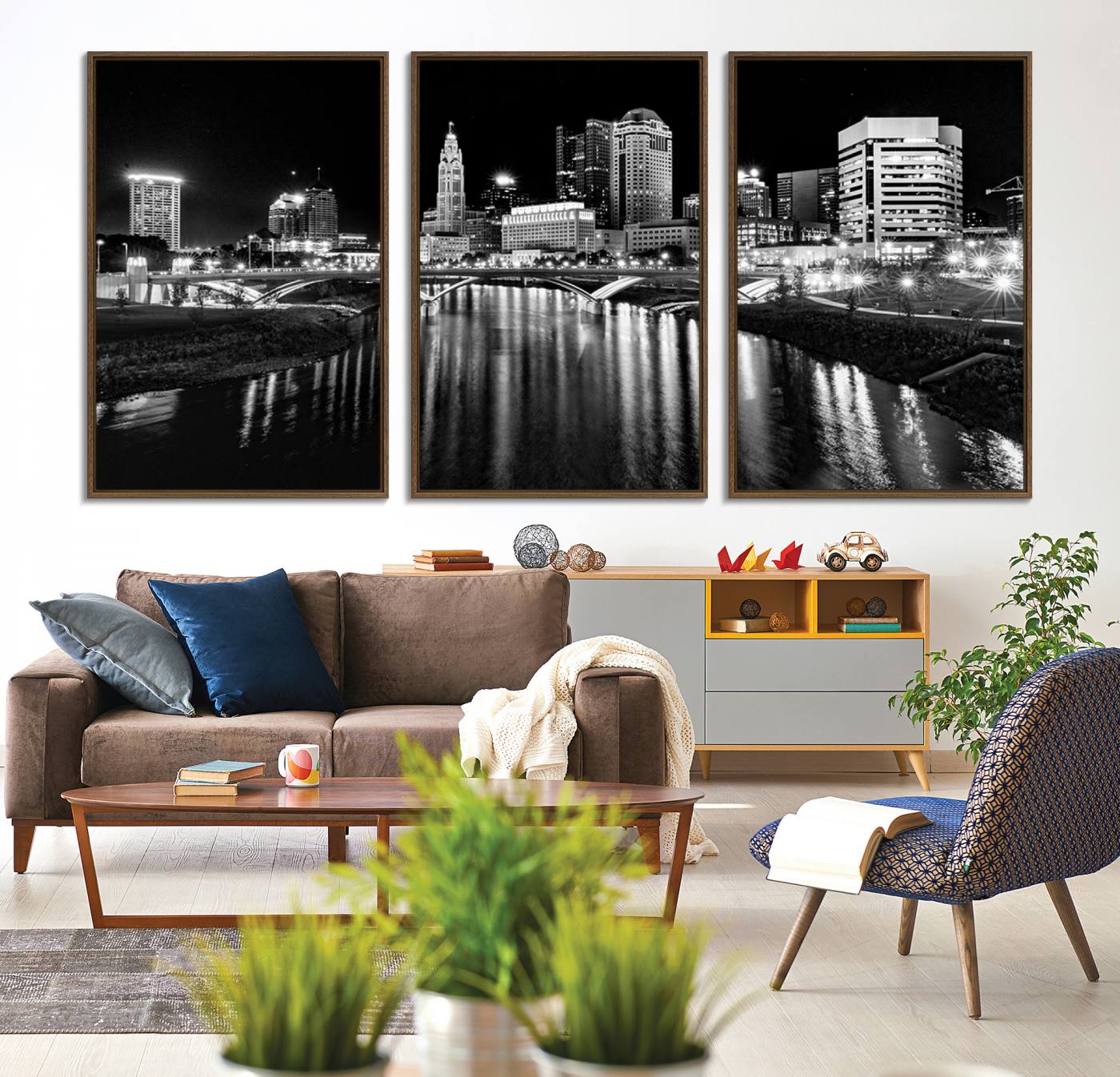 -Columbus City Lights Skyline Black and White Wall Art Cityscape Canvas, Framed Columbus City Lights