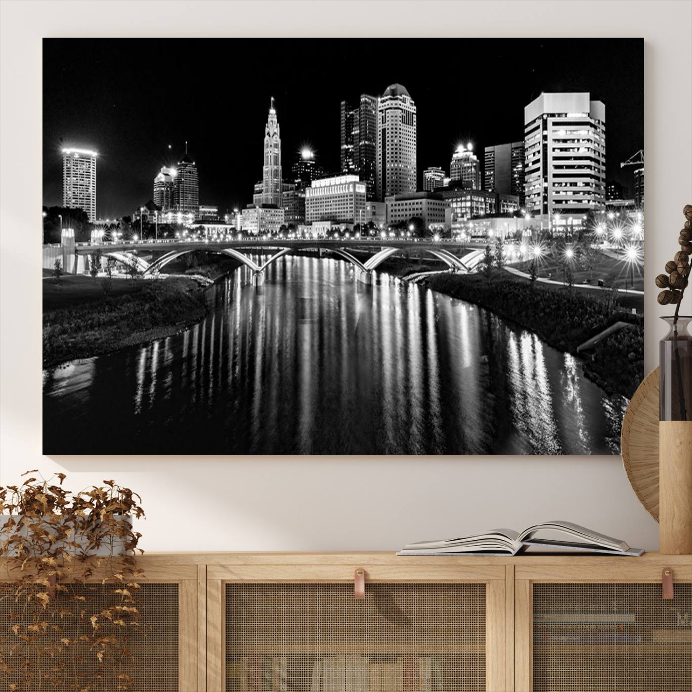 14034-MGV-CV-36X24-Columbus City Lights Skyline Black and White Wall Art Cityscape Canvas, Framed Columbus City Lights