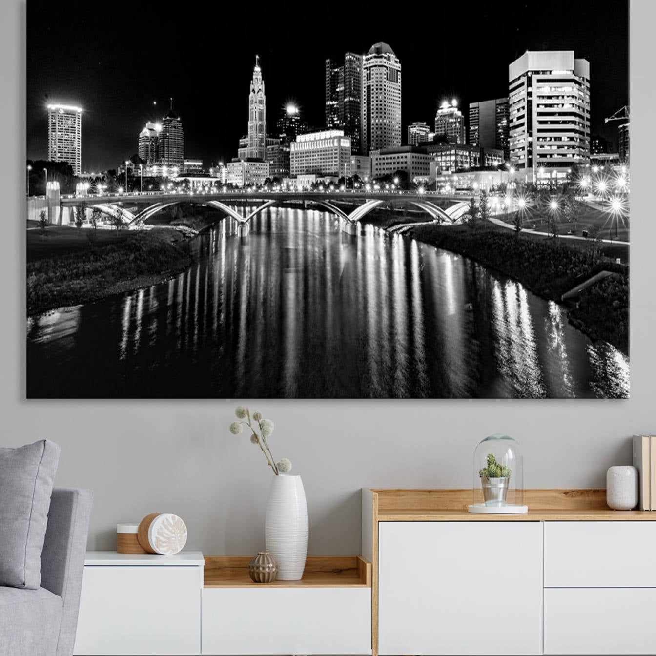 14034-MGV-CV-36X24-Columbus City Lights Skyline Black and White Wall Art Cityscape Canvas, Framed Columbus City Lights