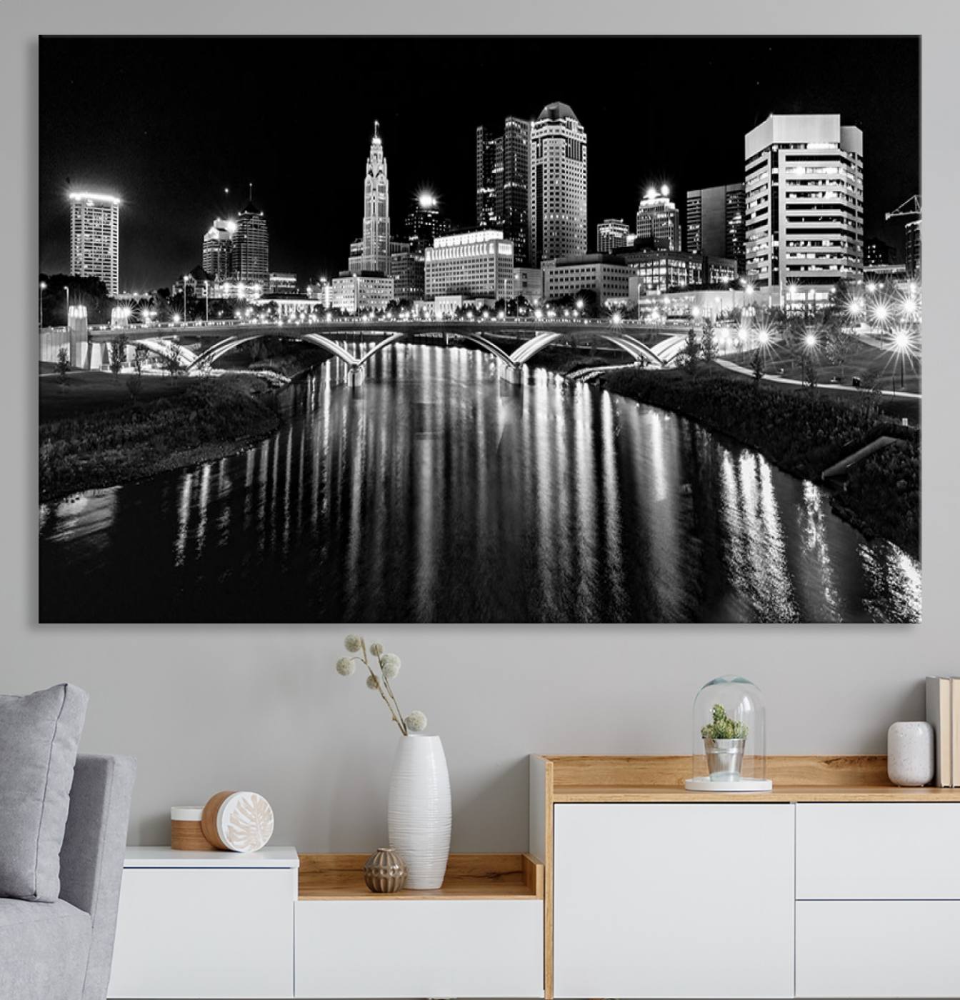 -Columbus City Lights Skyline Black and White Wall Art Cityscape Canvas, Framed Columbus City Lights