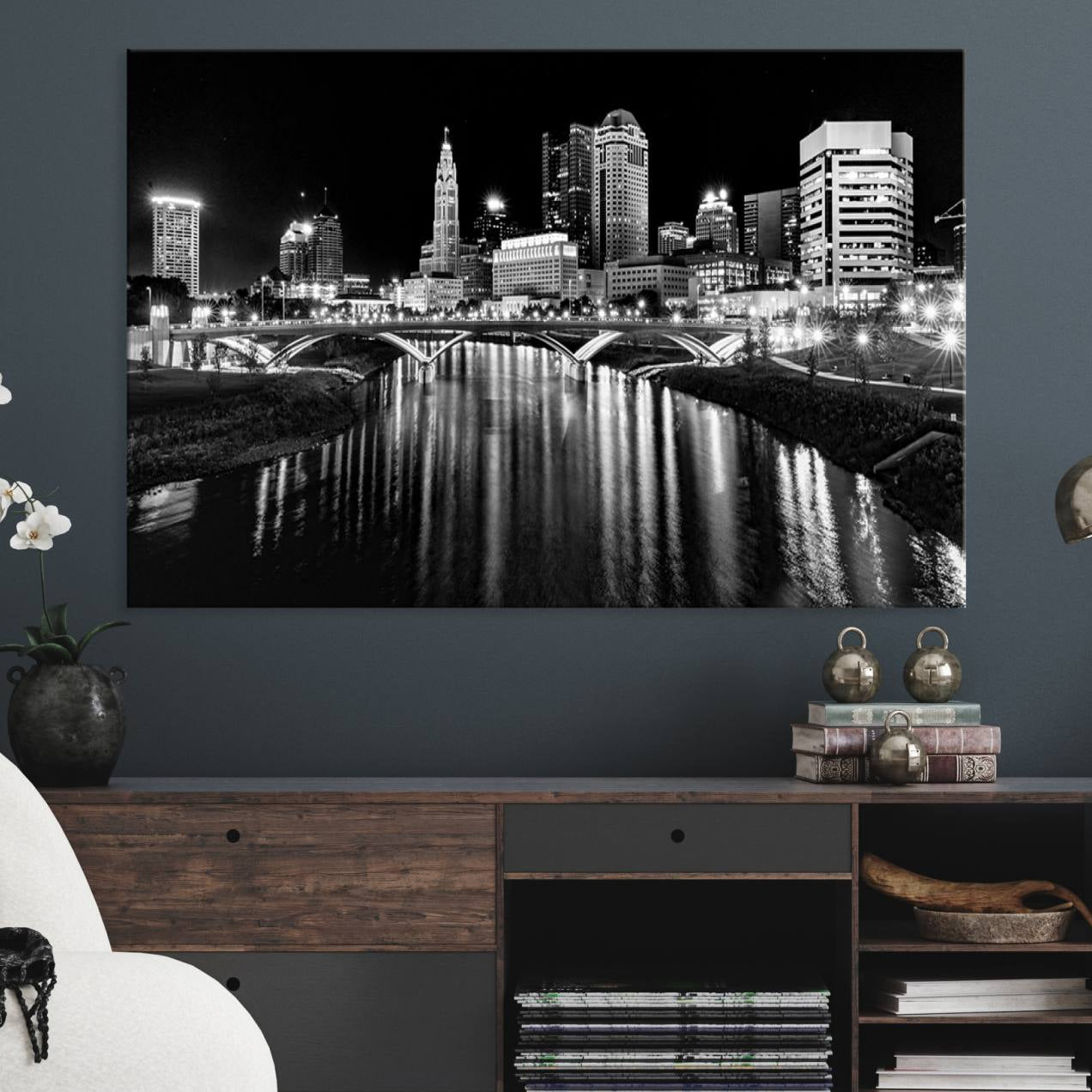 14034-MGV-CV-36X24-Columbus City Lights Skyline Black and White Wall Art Cityscape Canvas, Framed Columbus City Lights