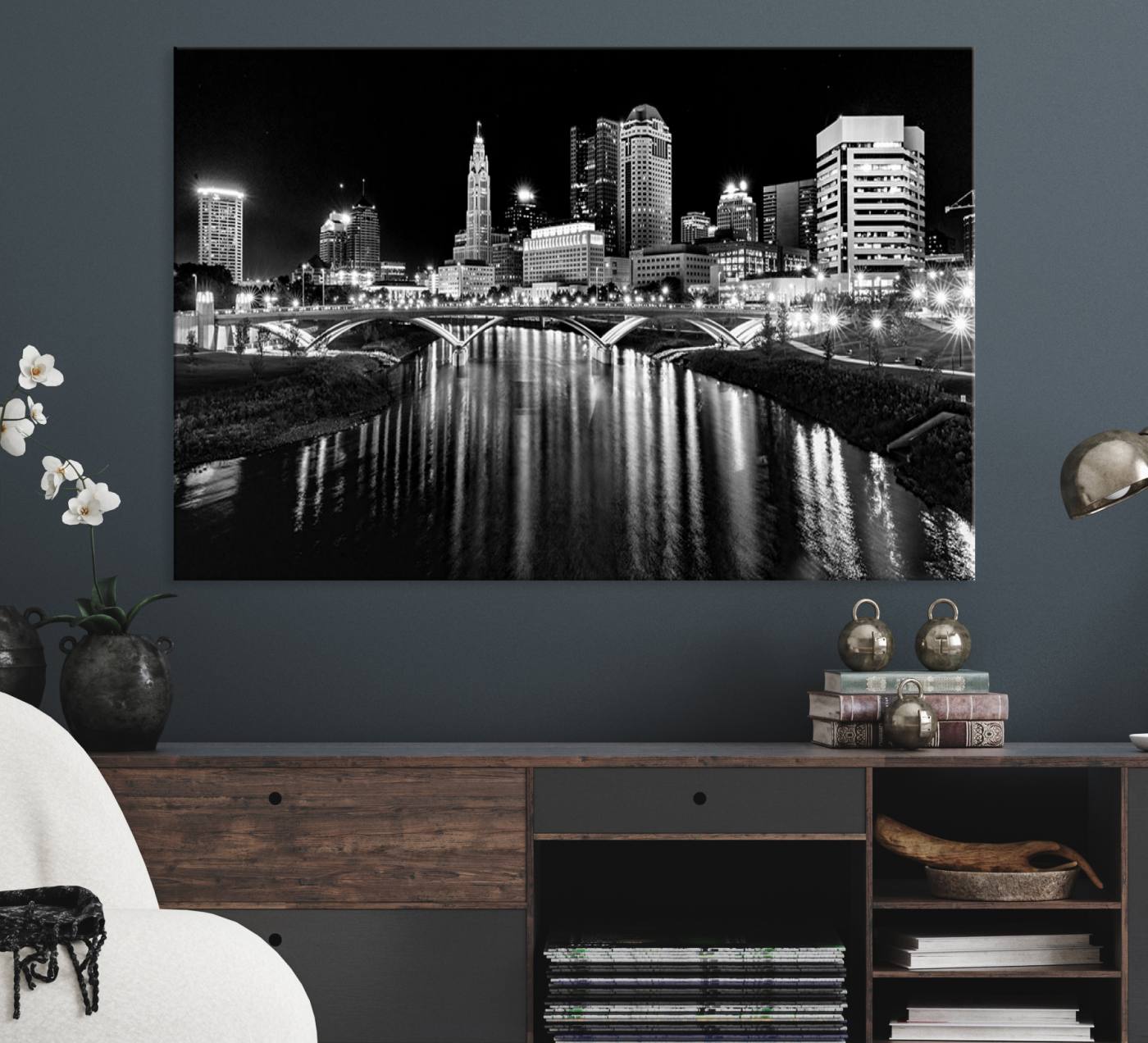 14034-MGV-CV-36X24-Columbus City Lights Skyline Black and White Wall Art Cityscape Canvas, Framed Columbus City Lights
