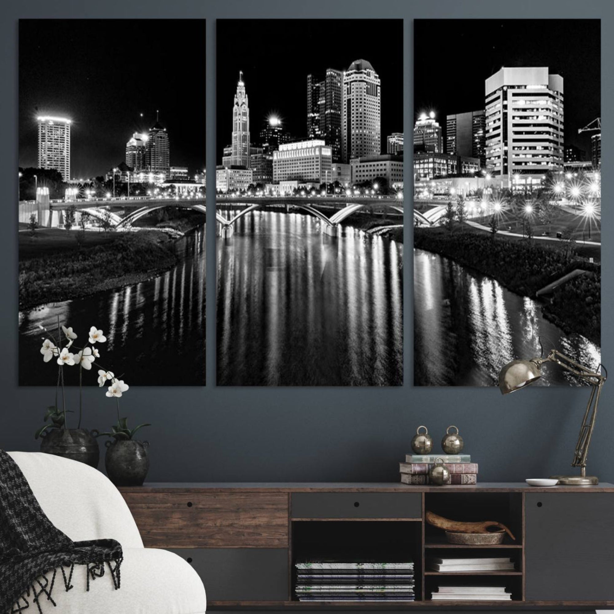 14034-MGV-CV-48X32-3P-Columbus City Lights Skyline Black and White Wall Art Cityscape Canvas, Framed Columbus City Lights