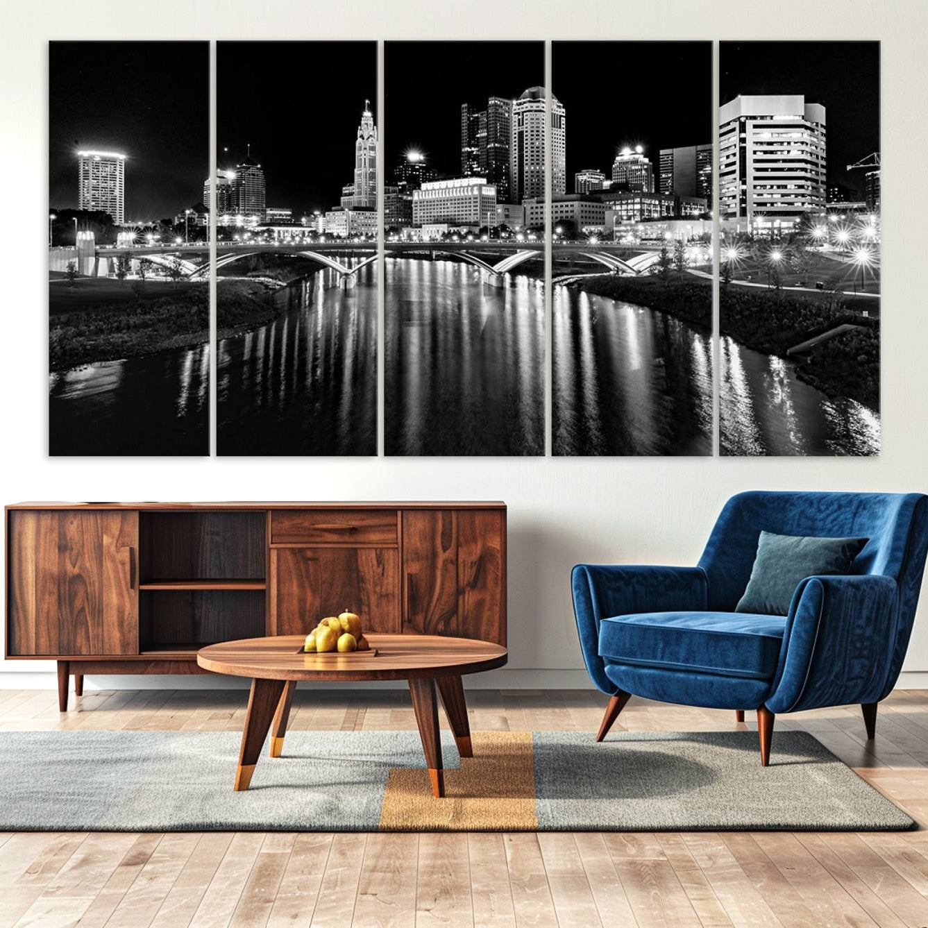-Columbus City Lights Skyline Black and White Wall Art Cityscape Canvas, Framed Columbus City Lights