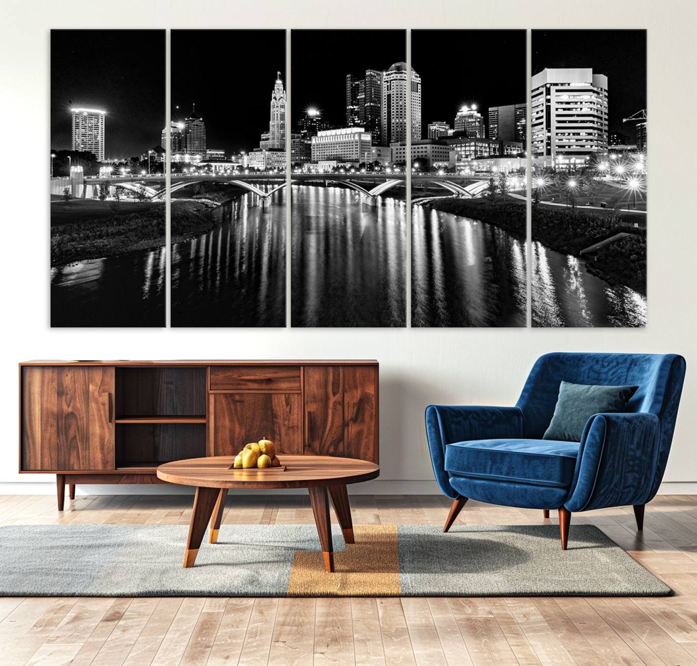 -Columbus City Lights Skyline Black and White Wall Art Cityscape Canvas, Framed Columbus City Lights