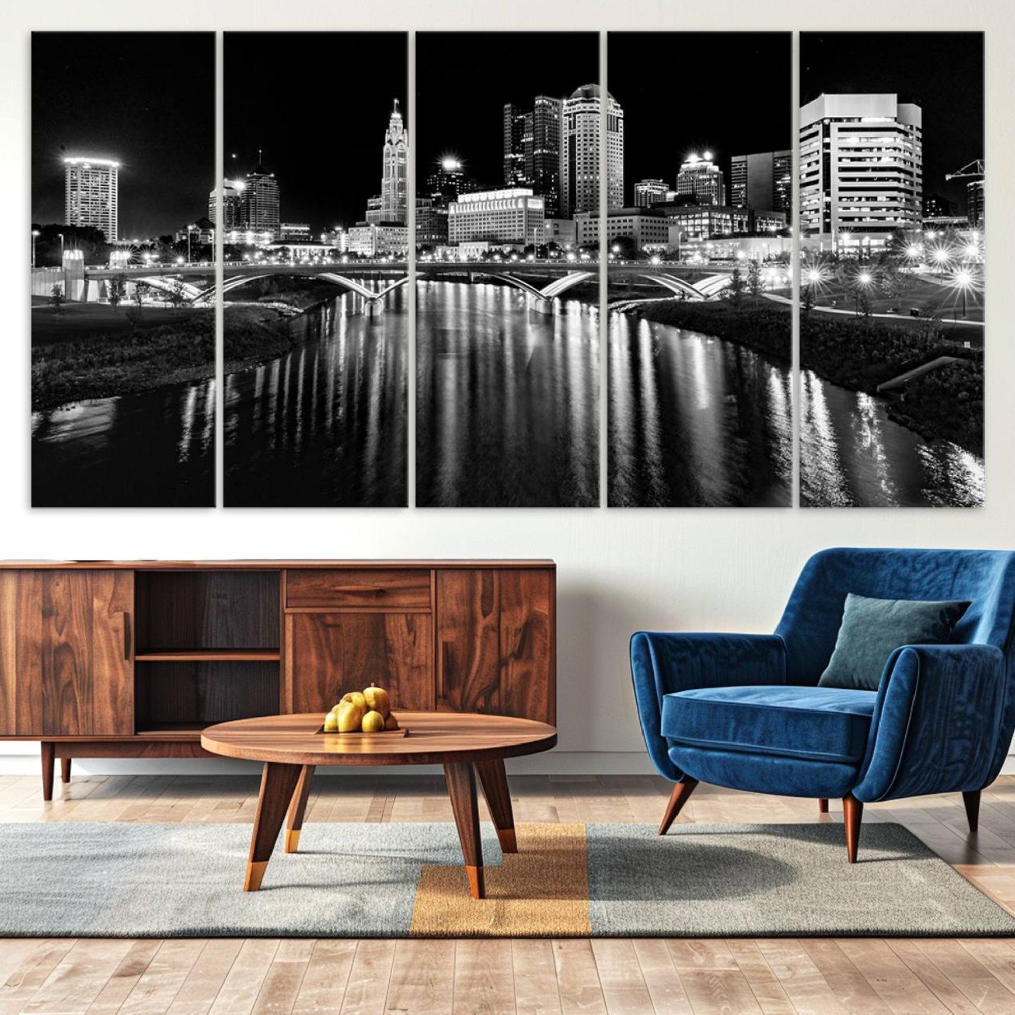 14034-MGV-CV-36X24-Columbus City Lights Skyline Black and White Wall Art Cityscape Canvas, Framed Columbus City Lights