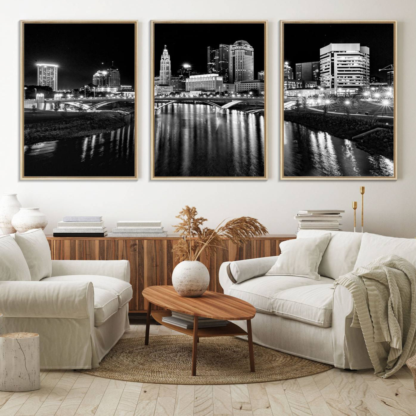 14034-MGV-FC-60X30-3P_Natural-Columbus City Lights Skyline Black and White Wall Art Cityscape Canvas, Framed Columbus City Lights