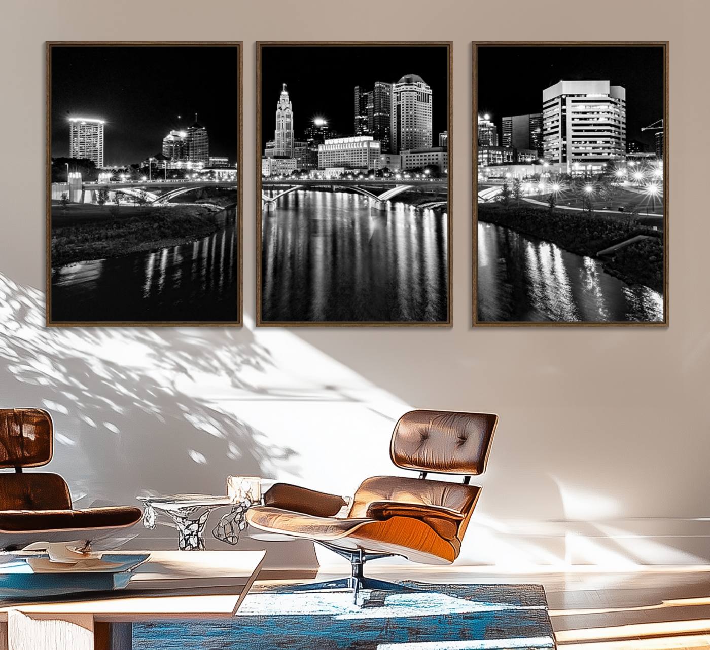 14034-MGV-FC-60X30-3P_Walnut-Columbus City Lights Skyline Black and White Wall Art Cityscape Canvas, Framed Columbus City Lights