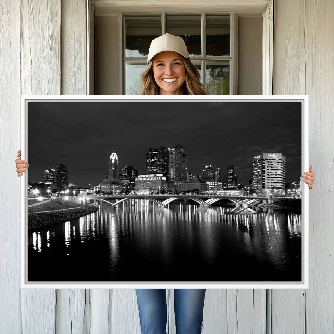 57732-MGV-CV-36X24-Columbus City Lights Skyline Canvas Print, Black and White Wall Art Cityscape Canvas Print
