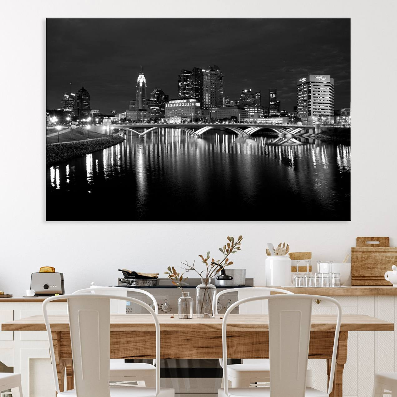57732-MGV-CV-36X24-Columbus City Lights Skyline Canvas Print, Black and White Wall Art Cityscape Canvas Print