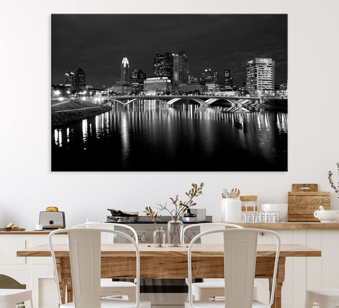Columbus City Lights Skyline Canvas Print, Black and White Cityscape Wall Art
