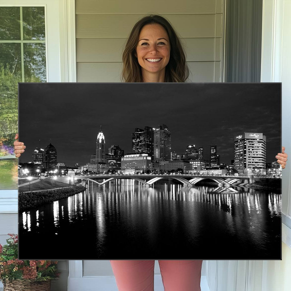 57732-MGV-CV-36X24-Columbus City Lights Skyline Canvas Print, Black and White Wall Art Cityscape Canvas Print