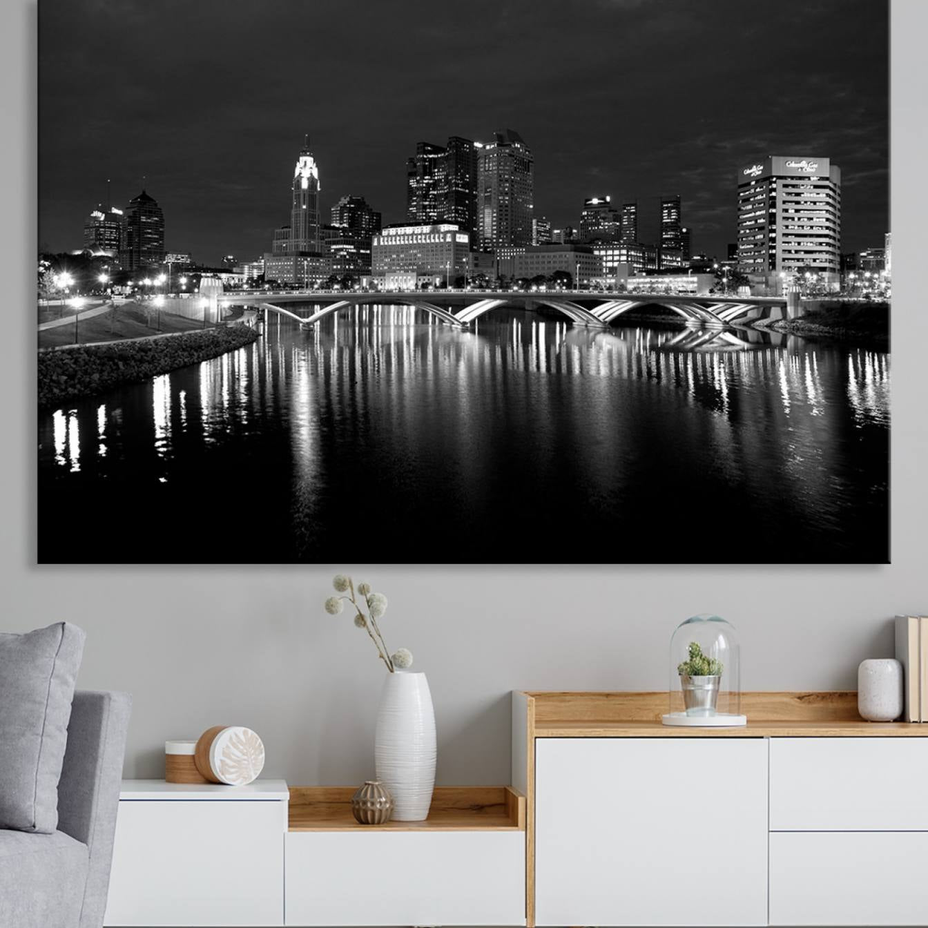 57732-MGV-CV-36X24-Columbus City Lights Skyline Canvas Print, Black and White Wall Art Cityscape Canvas Print