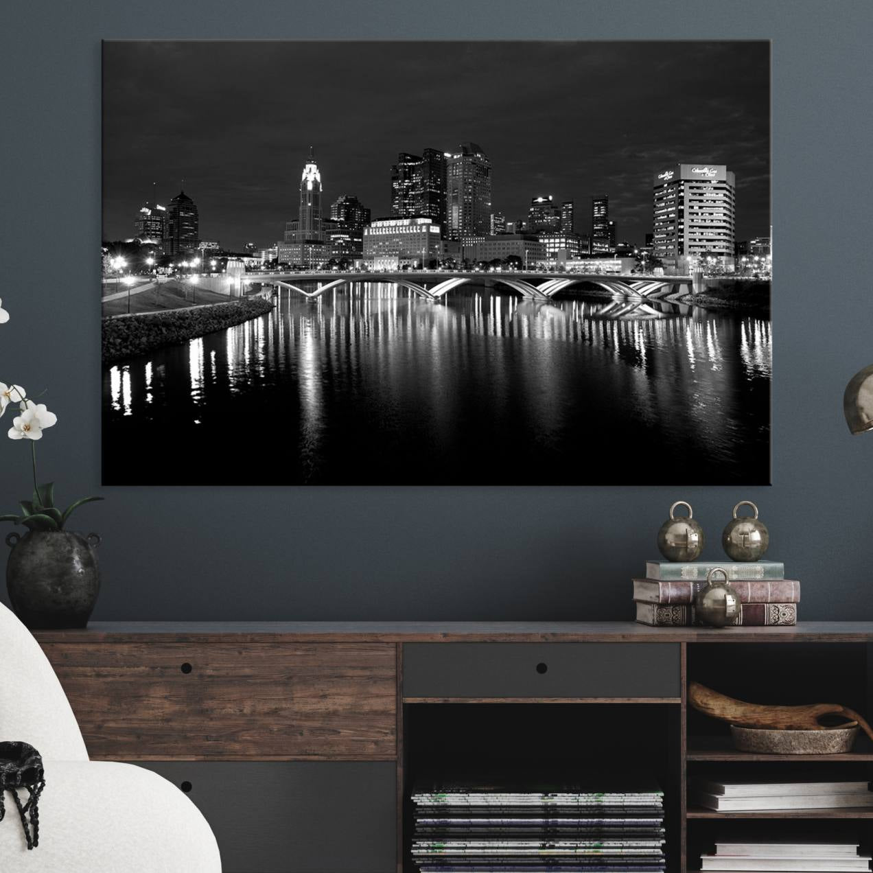 57732-MGV-CV-36X24-Columbus City Lights Skyline Canvas Print, Black and White Wall Art Cityscape Canvas Print