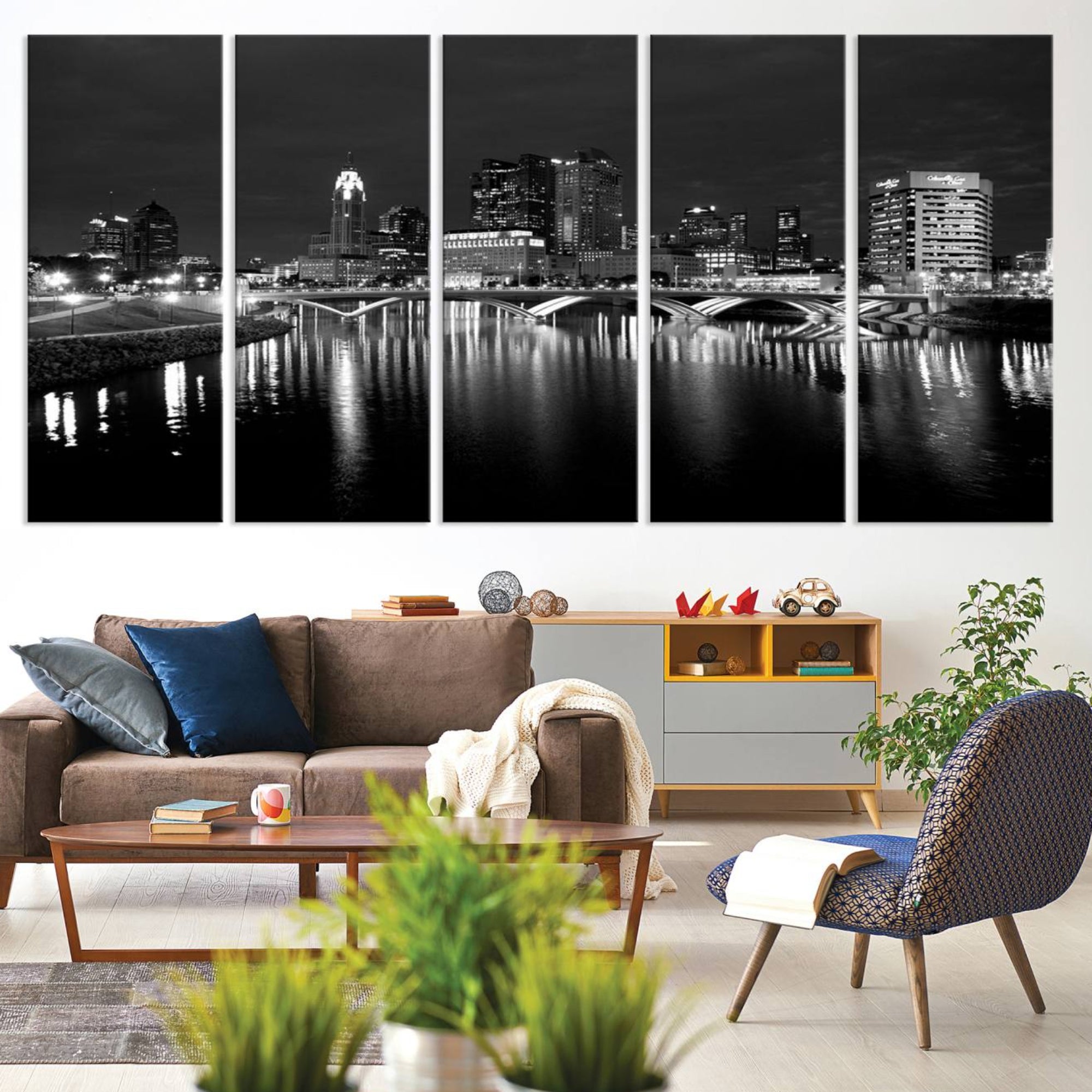 57732-MGV-CV-60X31-5P-Columbus City Lights Skyline Canvas Print, Black and White Wall Art Cityscape Canvas Print