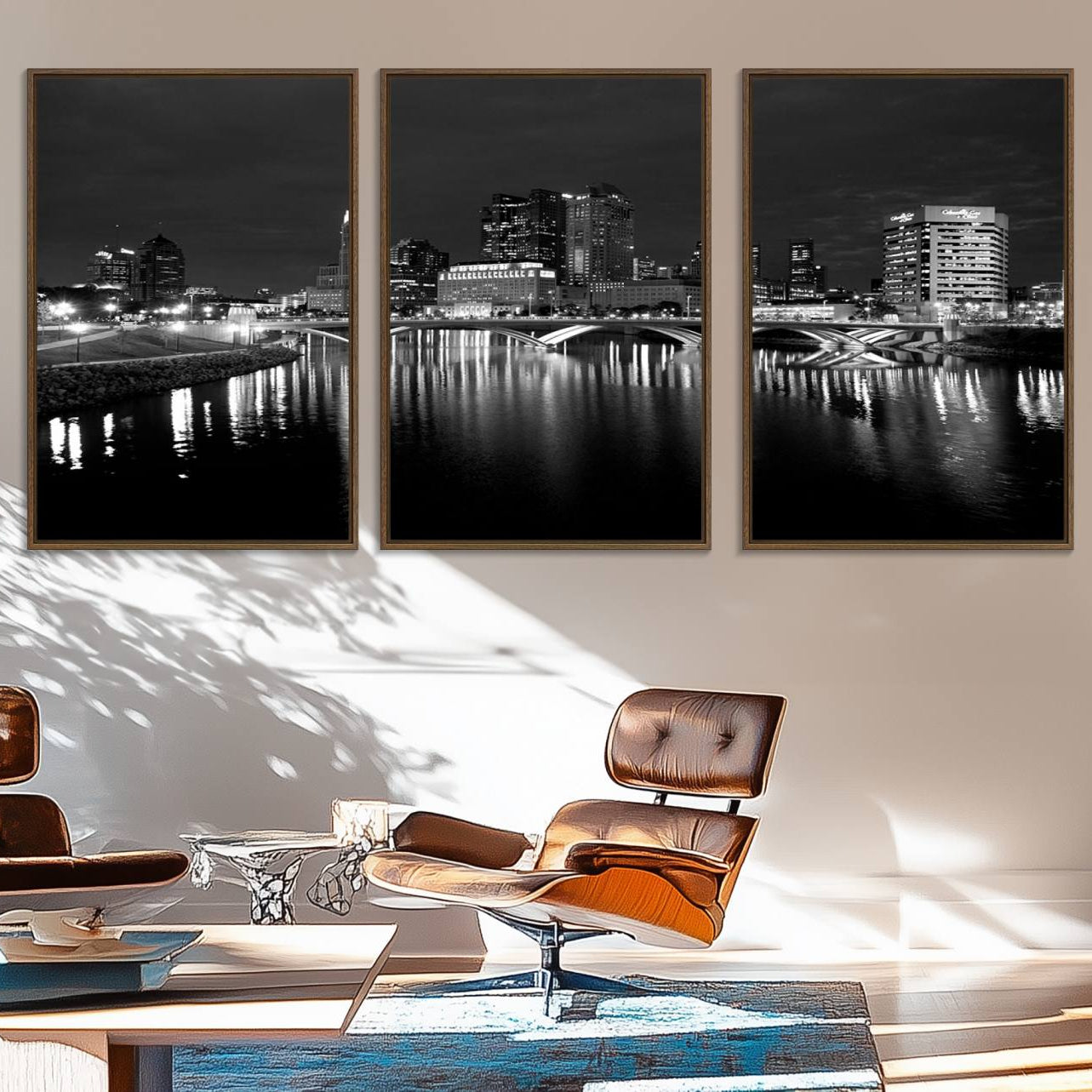 57732-MGV-FC-60X30-3P_Walnut-Columbus City Lights Skyline Canvas Print, Black and White Wall Art Cityscape Canvas Print