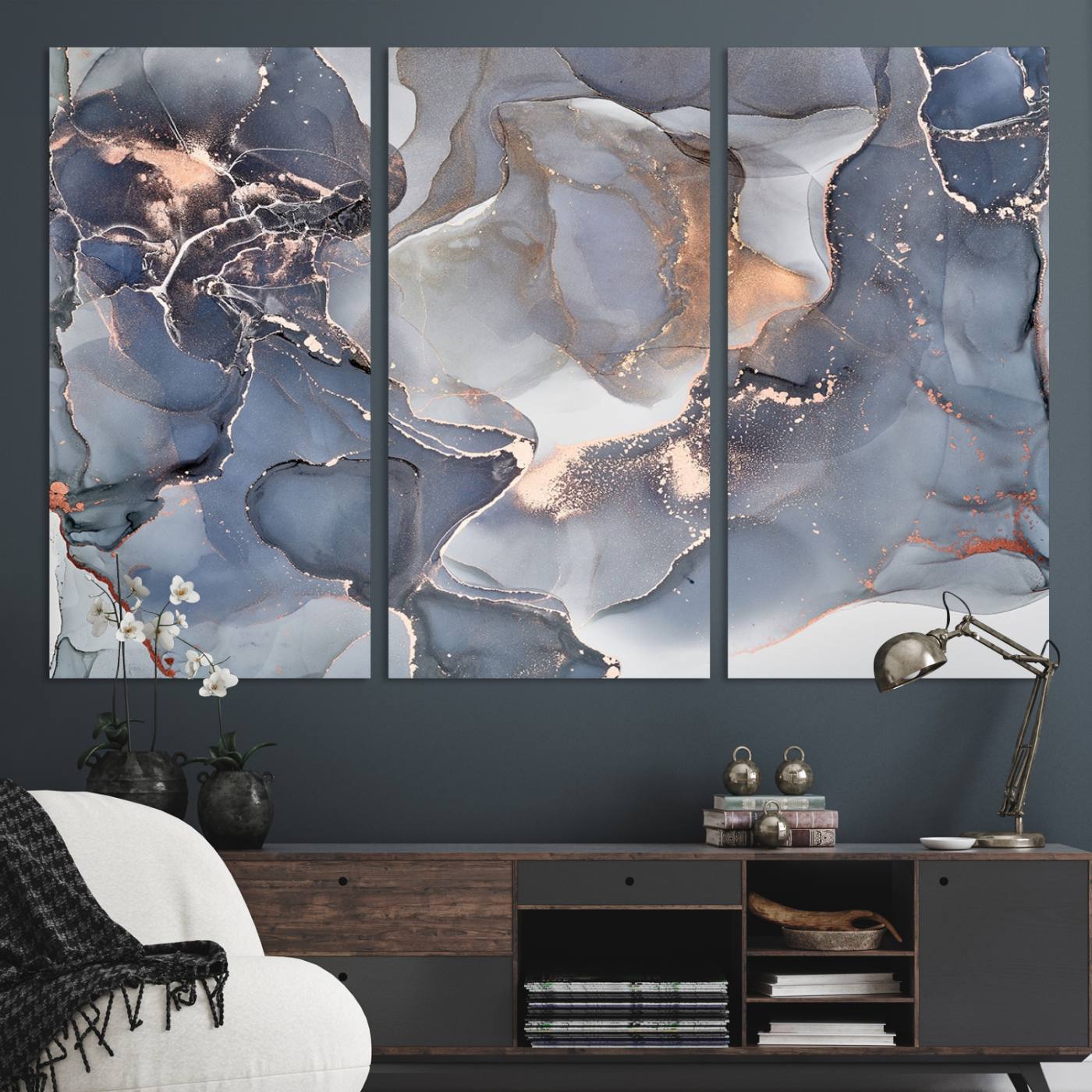 81843-MGV-CV-48X32-3P-Contemporary Art Gray Gold Abstract Canvas Art Print