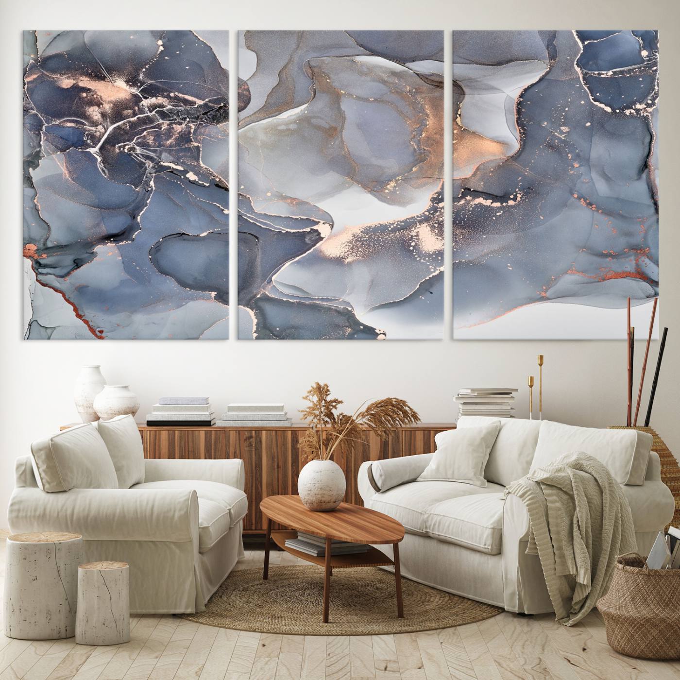 81843-MGV-CV-60X30-3P-Contemporary Art Gray Gold Abstract Canvas Art Print