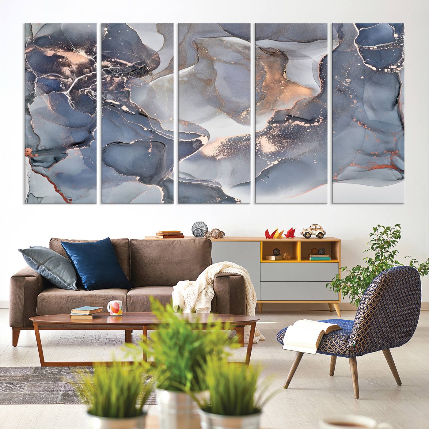 81843-MGV-CV-60X31-5P-Contemporary Art Gray Gold Abstract Canvas Art Print