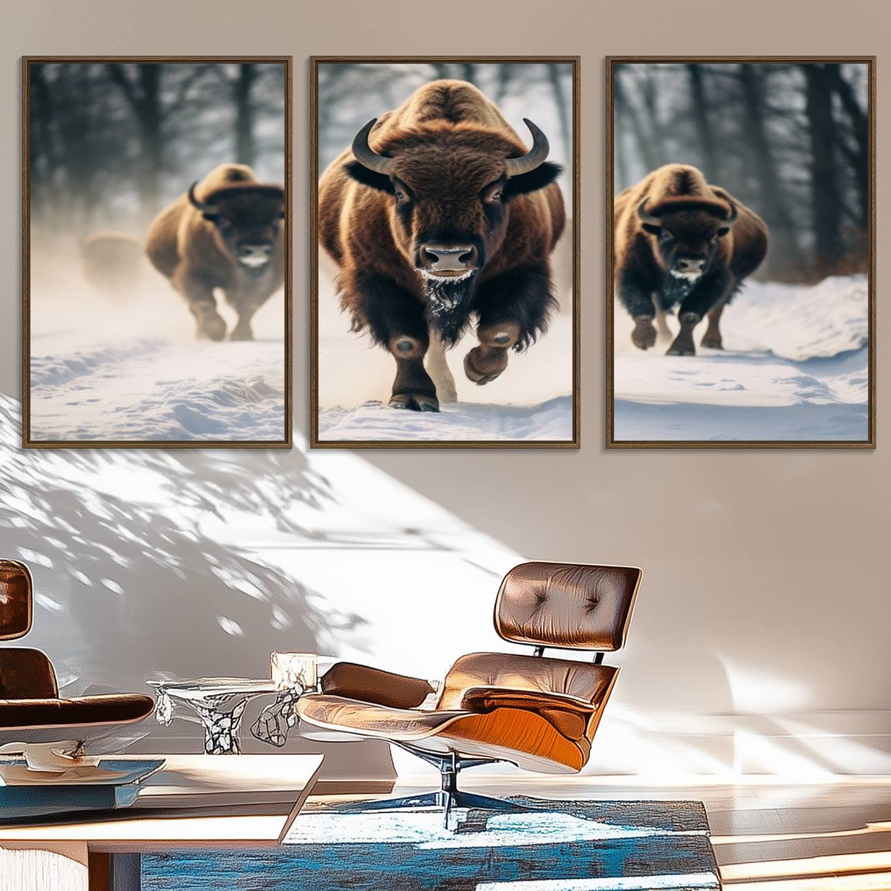 56549-MGV-FC-60X30-3P_Walnut-Cow Bighorn Wall Art Canvas Print, Longhorn Texas Large Cow Animal Canvas Print