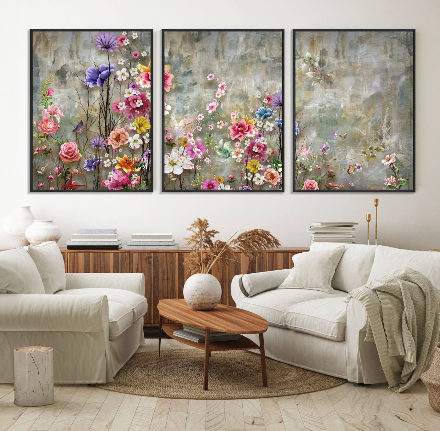 96650-MGV-FC-60X30-3P_Black-Cozy Flowers Painting on Canvas Wall Art Floral Canvas Print