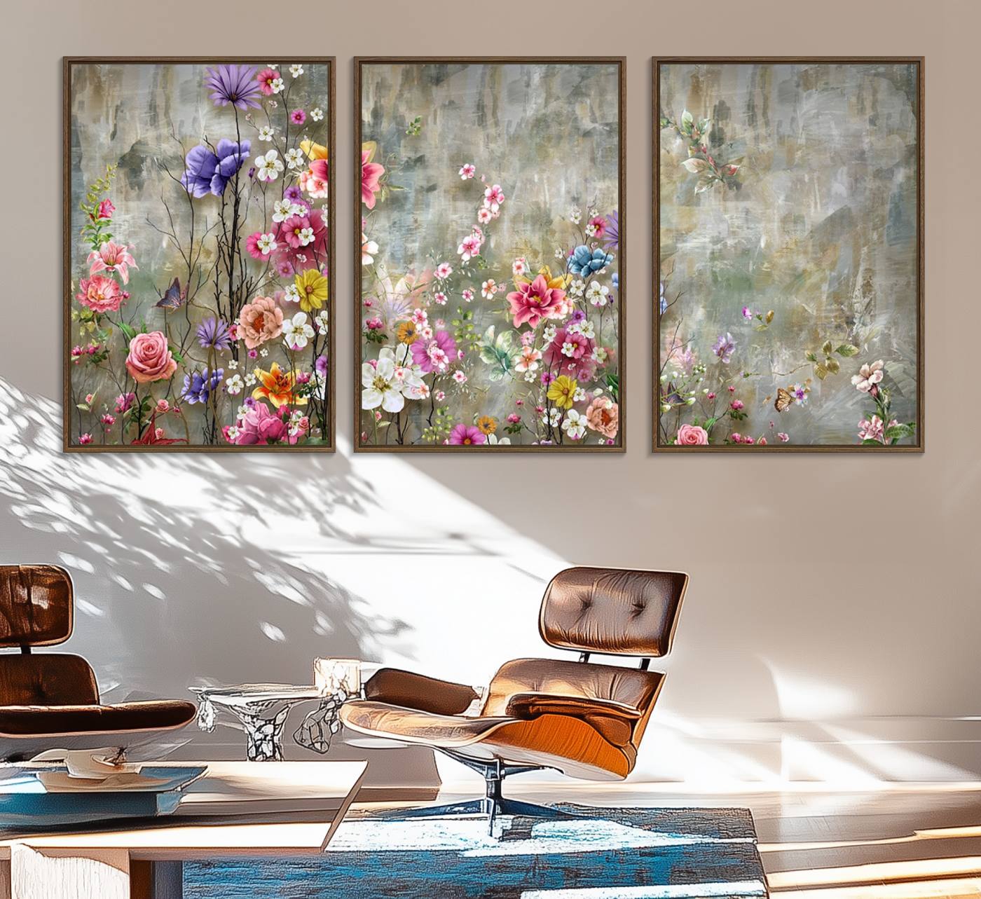 96650-MGV-FC-60X30-3P_Walnut-Cozy Flowers Painting on Canvas Wall Art Floral Canvas Print