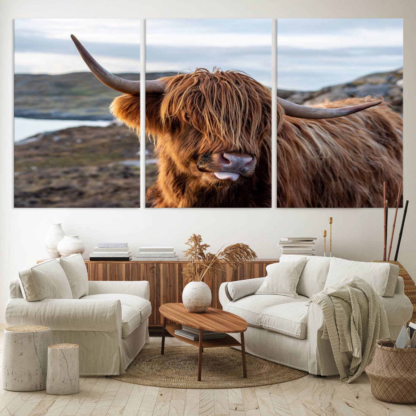 71222-MGV-CV-60X30-3P-Cuddly Highland Cow Canvas Photo Wall Art Print Highlands Art Cute Animal Wall Art