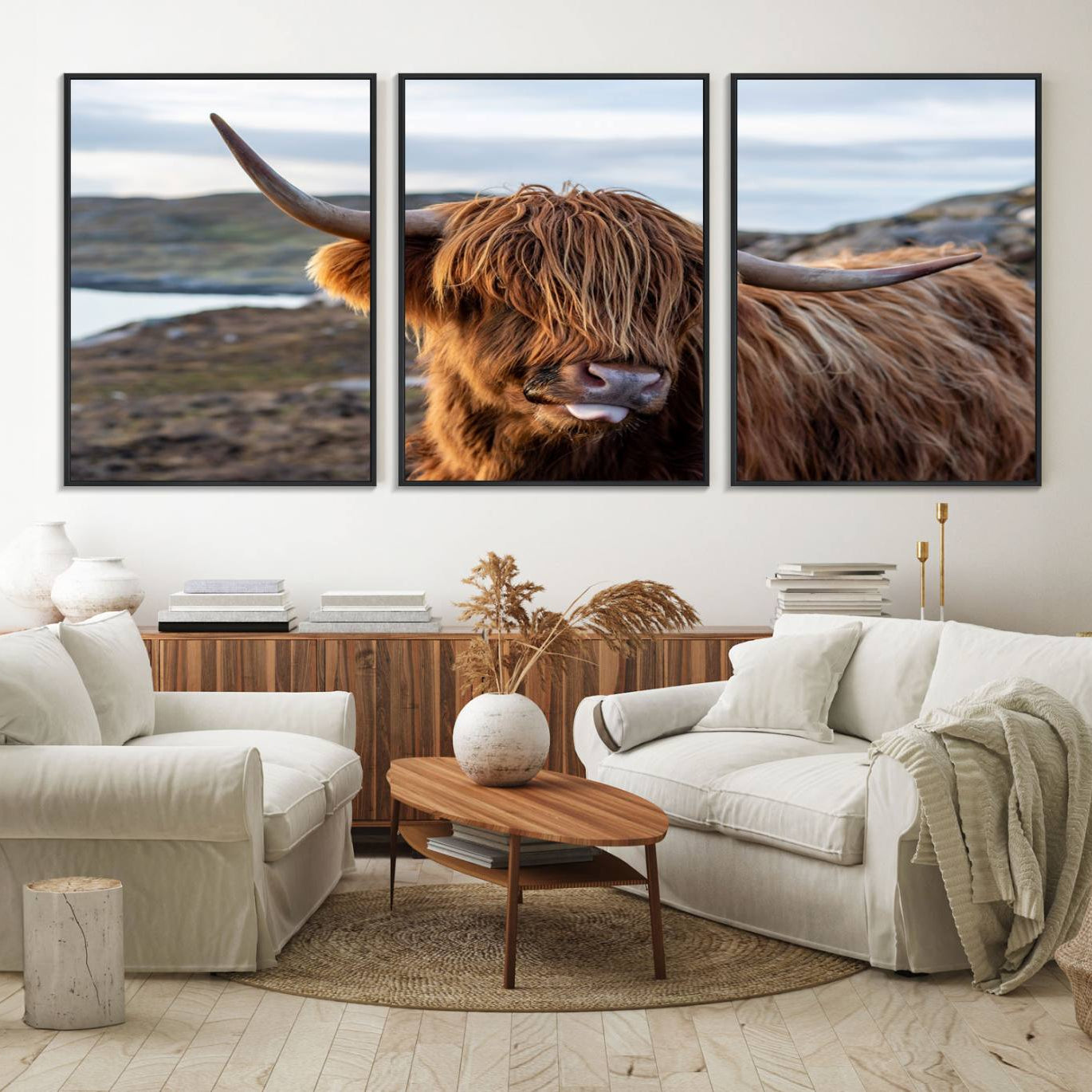 71222-MGV-FC-60X30-3P_Black-Cuddly Highland Cow Canvas Photo Wall Art Print Highlands Art Cute Animal Wall Art